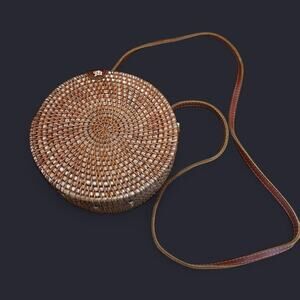 Boho Round Rattan Bag Tan Brown Festival Crossbody Adjustable Strap Zipper